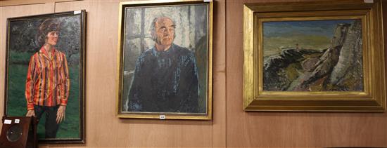 Alan Crisp, 3 oils on board, two portraits and a view of a lighthouse, largest 84 x 57cm